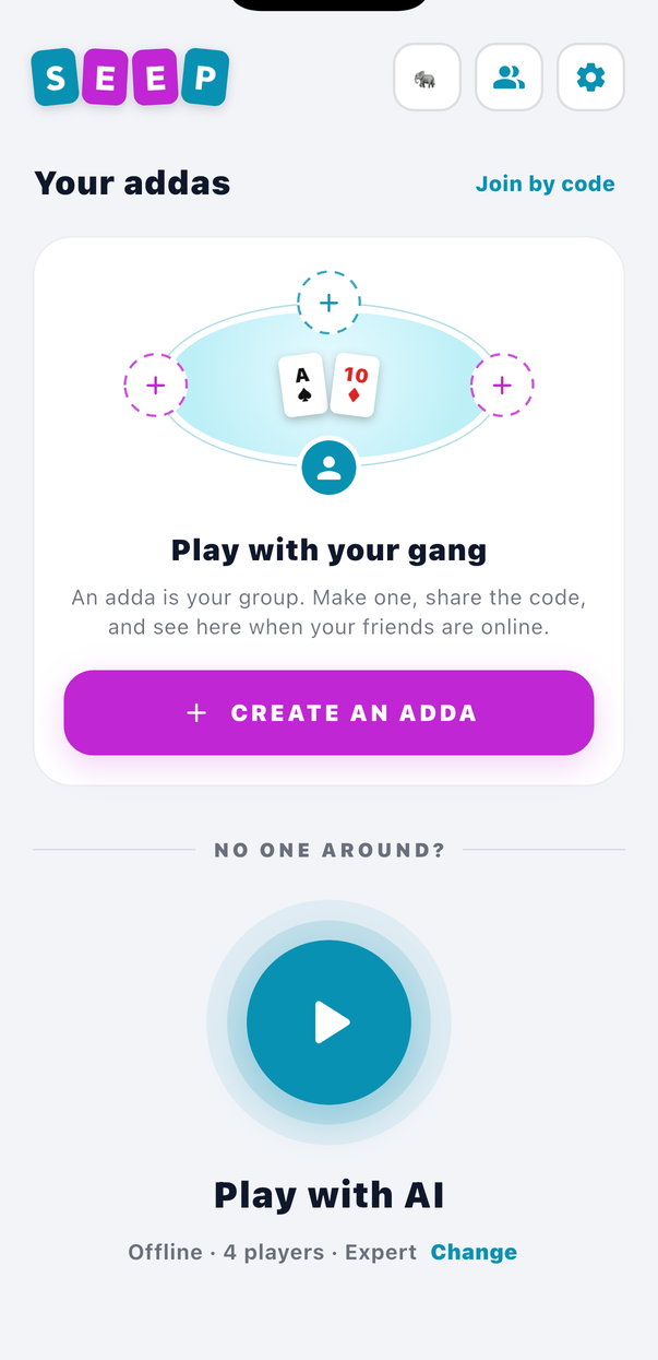 The Seep home screen with Your addas, a Create an adda button and the Play with AI disc