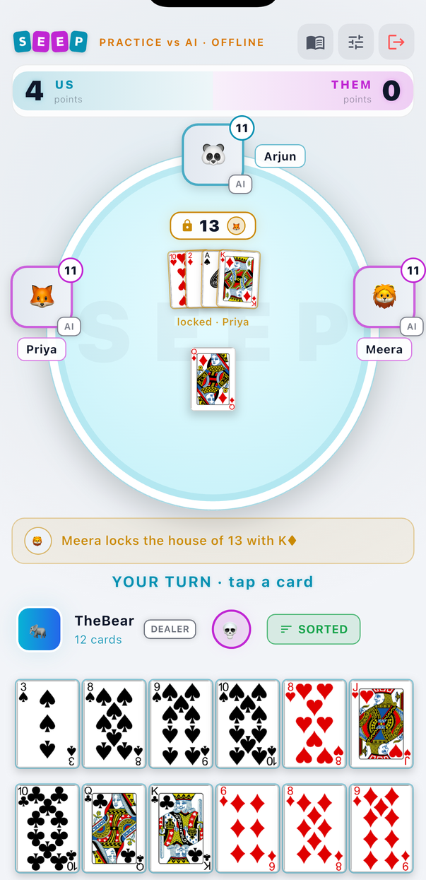 A Seep table mid-game with a locked house and the score strip US 4, THEM 0